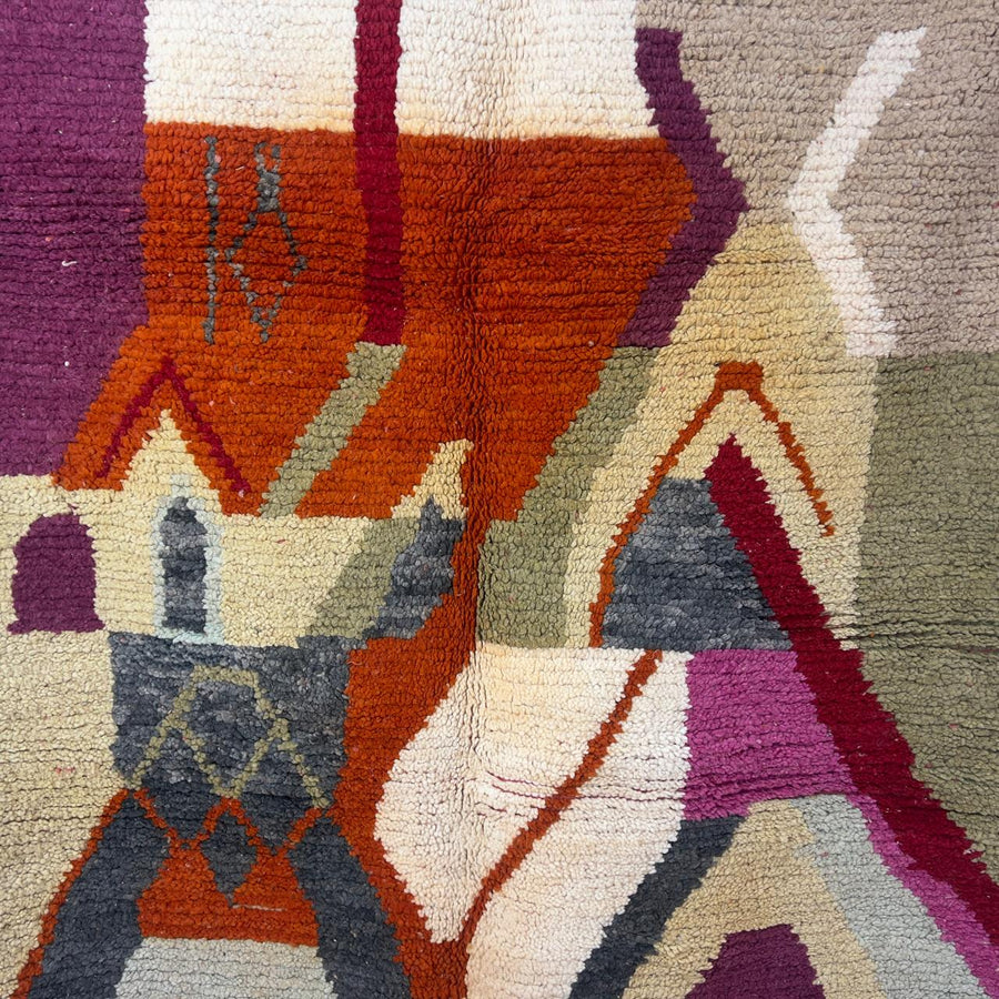 Vintage Moroccan wool rug 7.91 × 5.38 ft Rug 83 with abstract architectural design in beige, terracotta, pink and olive tones
