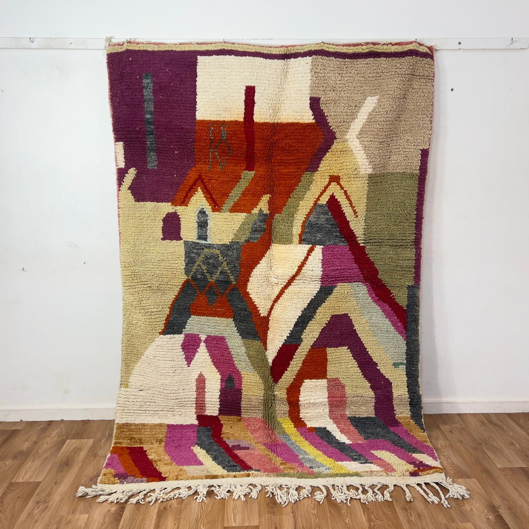 Vintage Moroccan wool rug 7.91 × 5.38 ft Rug 83 with abstract architectural design in beige, terracotta, pink and olive tones