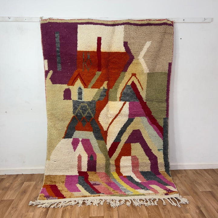 Vintage Moroccan wool rug 7.91 × 5.38 ft Rug 83 with abstract architectural design in beige, terracotta, pink and olive tones