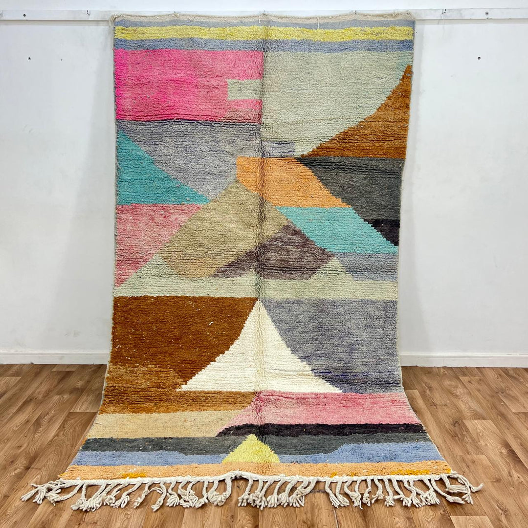 Vintage Moroccan wool rug with pastel geometric blocks in pink, green, blue and caramel