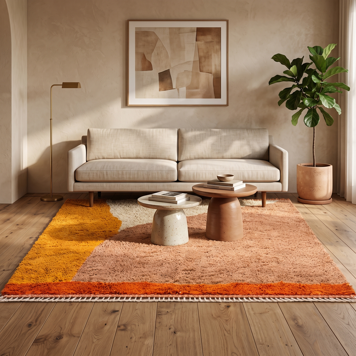 Handwoven Moroccan Beni Mrirt wool rug with an abstract geometric design in warm brown, beige, mustard yellow, and orange tones.