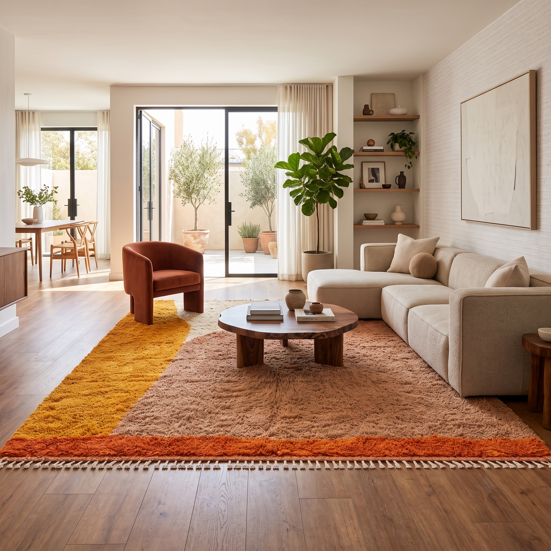 Handwoven Moroccan Beni Mrirt wool rug with an abstract geometric design in warm brown, beige, mustard yellow, and orange tones.