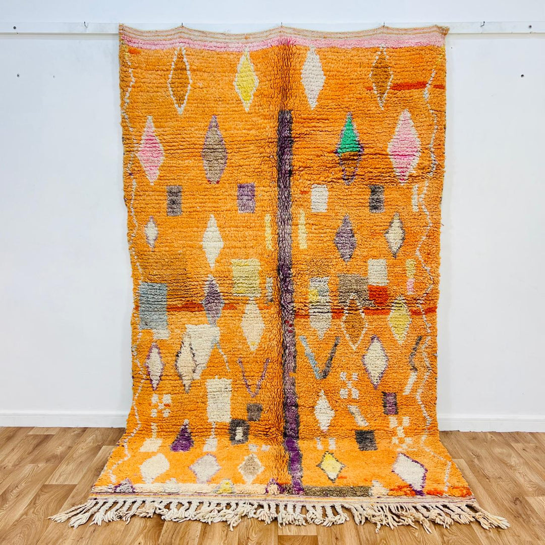 Vintage Moroccan wool rug 726 handmade orange Berber carpet with colorful diamond motifs.