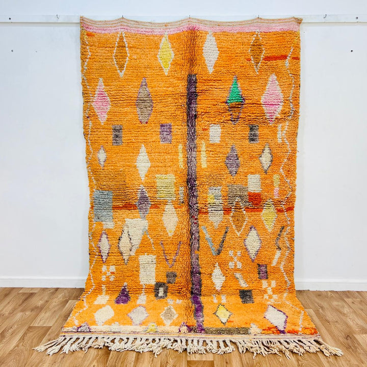 Vintage Moroccan wool rug 726 handmade orange Berber carpet with colorful diamond motifs.