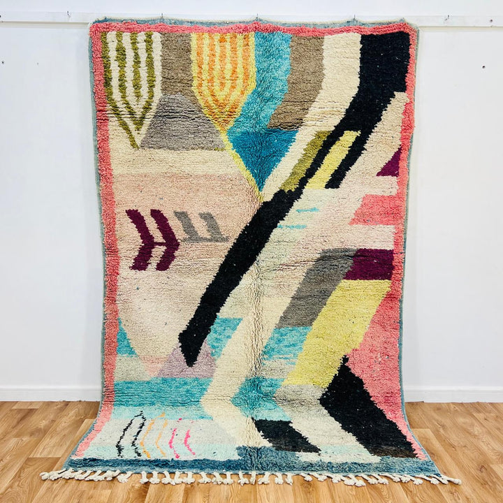Vintage Moroccan wool rug 796 – handmade colorful abstract Berber wool carpet 260 × 157 cm (8.53 × 5.15 ft).