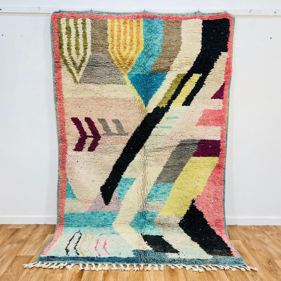 Vintage Moroccan wool rug 796 – handmade colorful abstract Berber wool carpet 260 × 157 cm (8.53 × 5.15 ft).