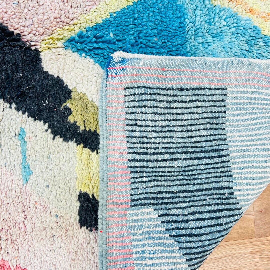 Vintage Moroccan wool rug 796 – handmade colorful abstract Berber wool carpet 260 × 157 cm (8.53 × 5.15 ft).