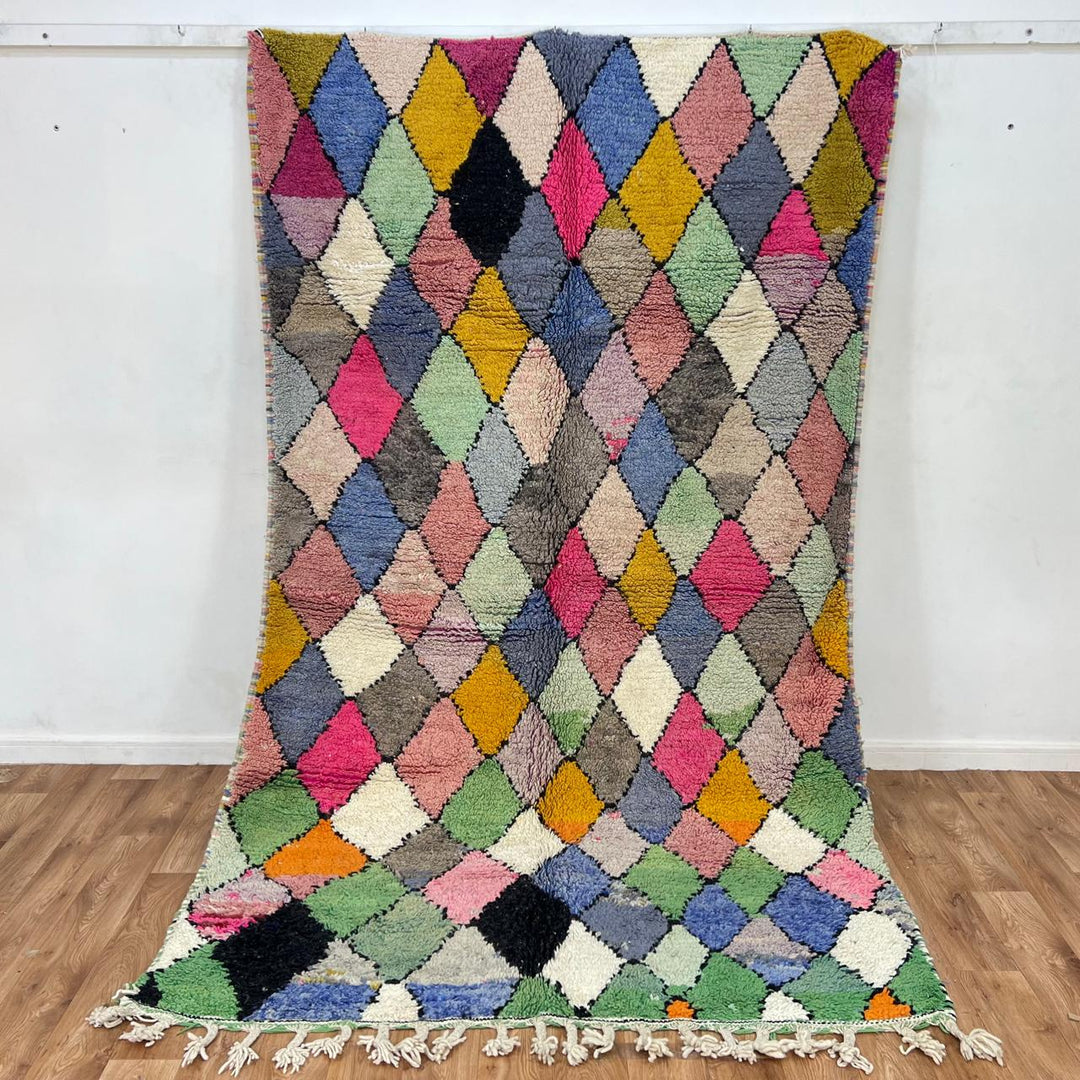 Vintage Moroccan wool rug 740 – handmade multicolor diamond Berber wool carpet 270 × 170 cm (8.85 × 5.57 ft)