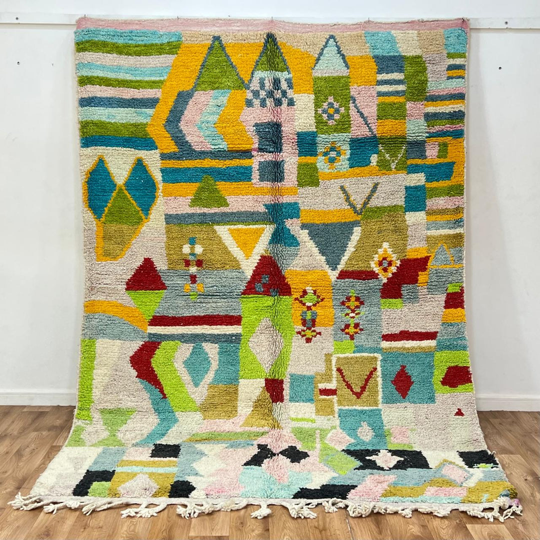 Vintage Moroccan wool rug 881 – handmade Berber carpet with colorful geometric pattern in red, green, turquoise, and mustard. 275 × 192 cm (9.02 × 6.29 ft).