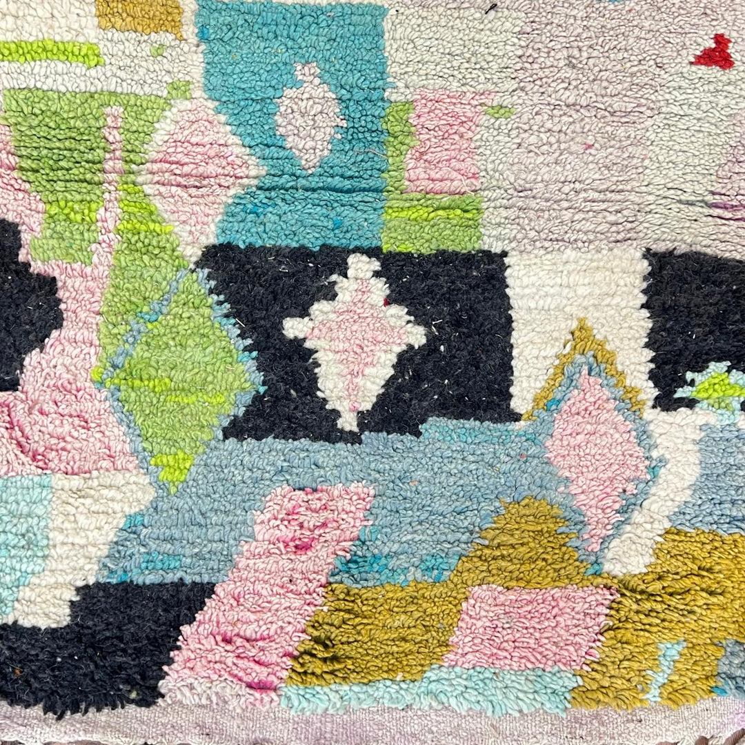 Vintage Moroccan wool rug 881 – handmade Berber carpet with colorful geometric pattern in red, green, turquoise, and mustard. 275 × 192 cm (9.02 × 6.29 ft).