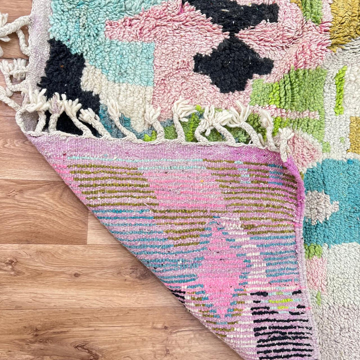 Vintage Moroccan wool rug 881 – handmade Berber carpet with colorful geometric pattern in red, green, turquoise, and mustard. 275 × 192 cm (9.02 × 6.29 ft).