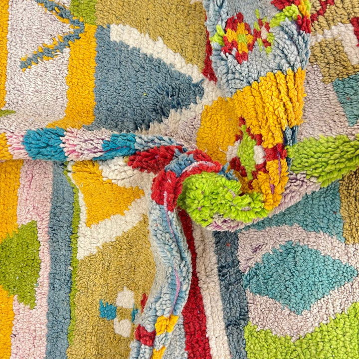 Vintage Moroccan wool rug 881 – handmade Berber carpet with colorful geometric pattern in red, green, turquoise, and mustard. 275 × 192 cm (9.02 × 6.29 ft).
