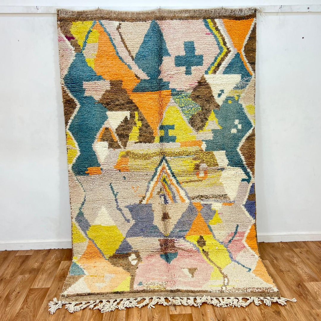 Vintage Moroccan Wool Rug 217 – handmade tribal geometric wool rug in blue, mustard, and orange tones (247 × 153 cm).