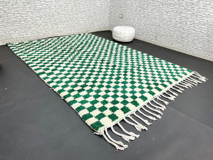 Green and white Moroccan checkered wool rug, handmade by Berber artisans in the Atlas Mountains