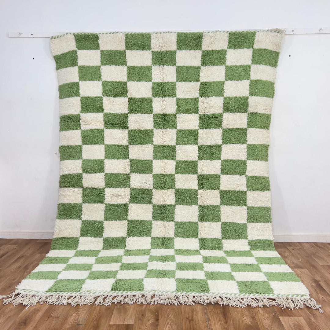 Green white checkered Moroccan rug handmade Berber wool geometric area rug