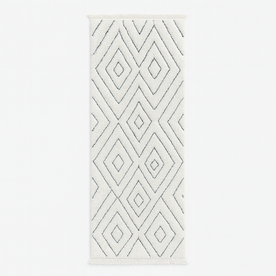 Handmade white Beni Ourain Moroccan runner rug with minimalist diamond line pattern in natural wool.