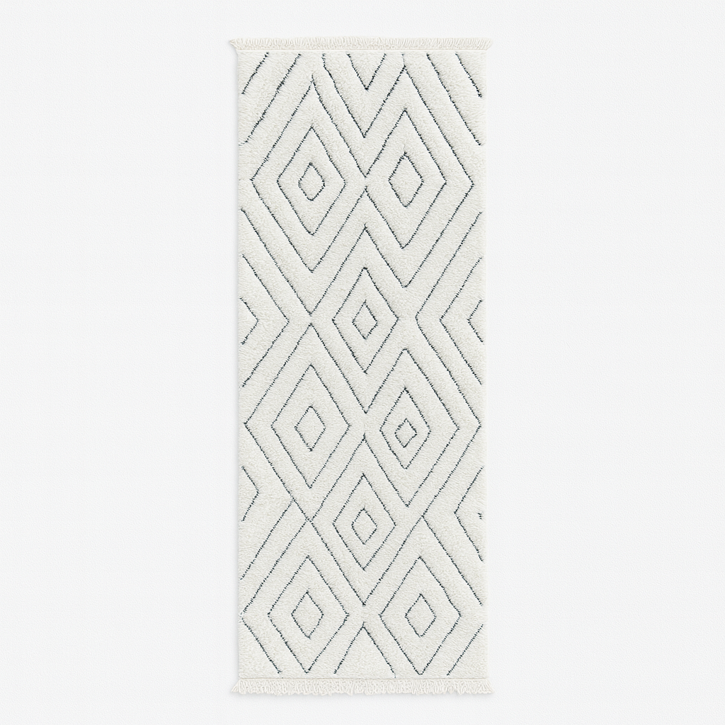 Handmade white Beni Ourain Moroccan runner rug with minimalist diamond line pattern in natural wool.