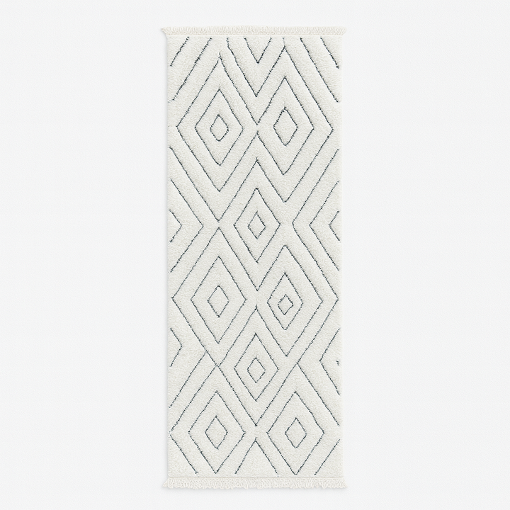 Handmade white Beni Ourain Moroccan runner rug with minimalist diamond line pattern in natural wool.