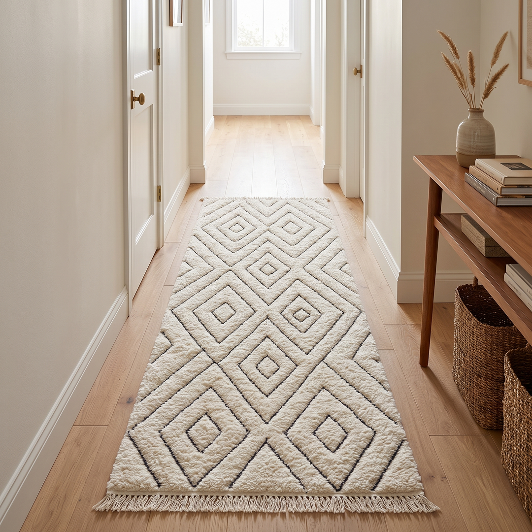 Handmade white Beni Ourain Moroccan runner rug with minimalist diamond line pattern in natural wool.