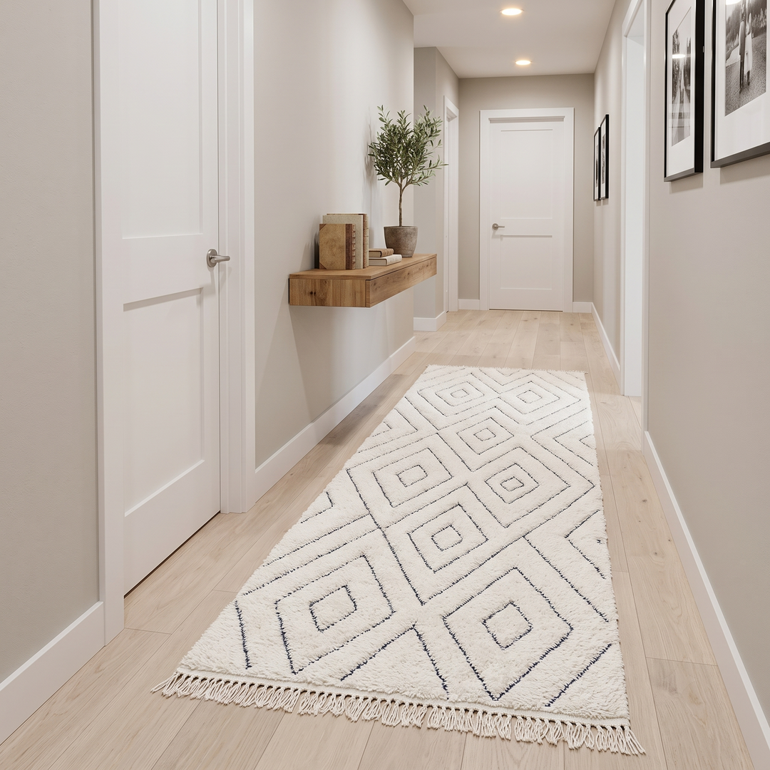 Handmade white Beni Ourain Moroccan runner rug with minimalist diamond line pattern in natural wool.