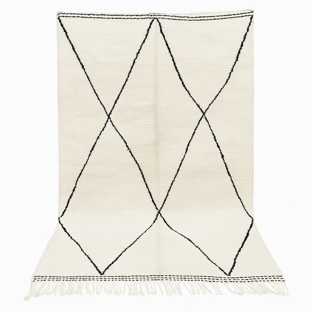 Handmade white Moroccan Beni Ourain wool rug with black diamond lines – Berber shag carpet