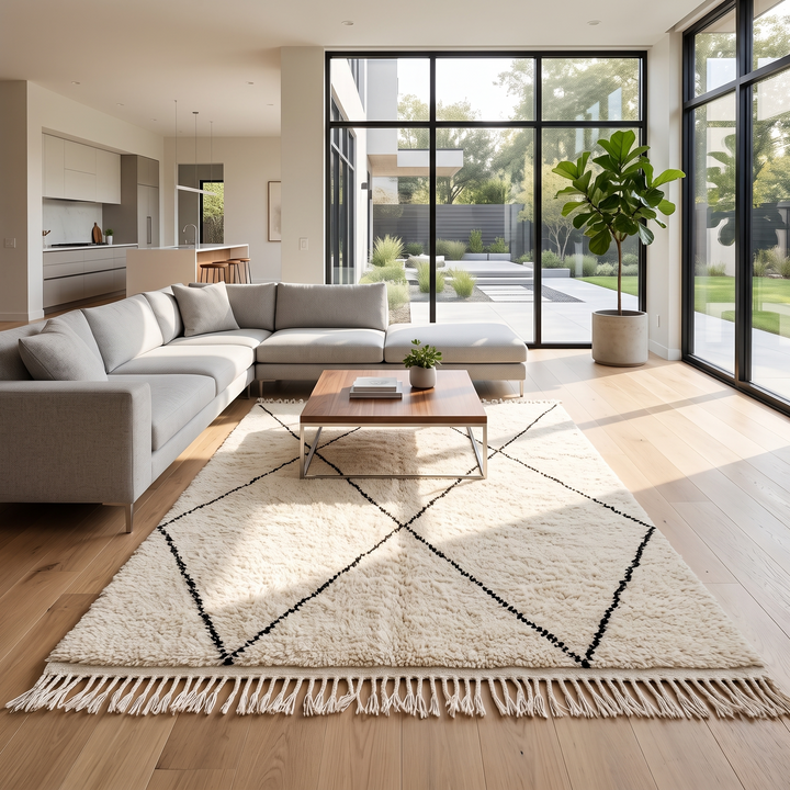 Handmade white Moroccan Beni Ourain wool rug with black diamond lines – Berber shag carpet
