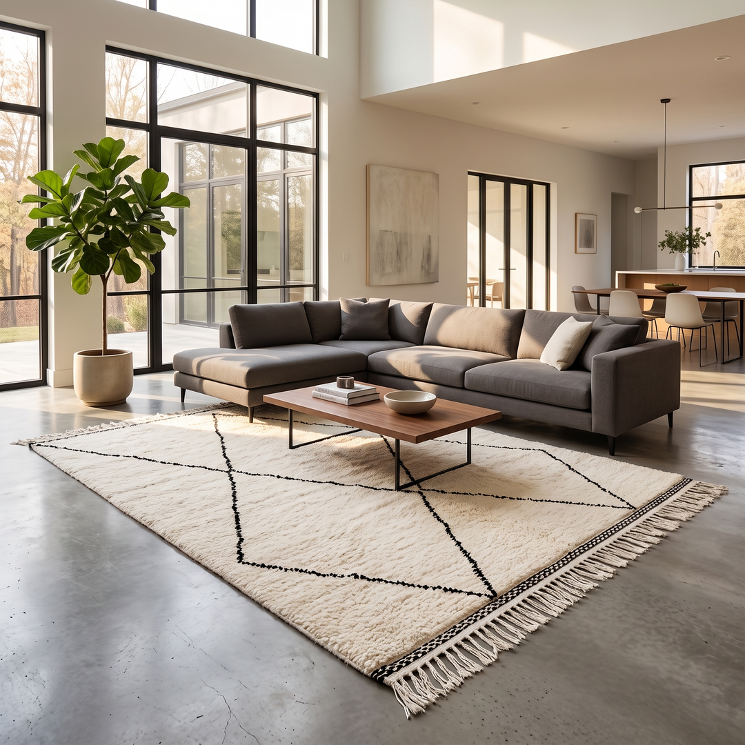 Handmade white Moroccan Beni Ourain wool rug with black diamond lines – Berber shag carpet
