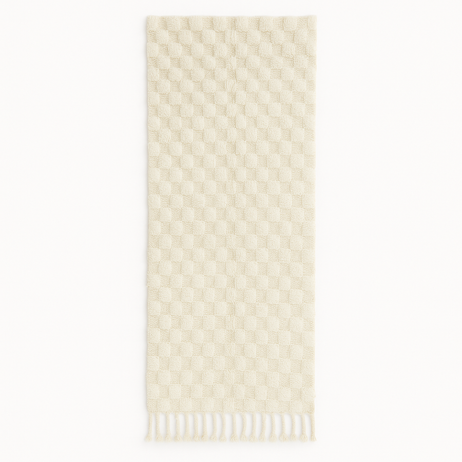Handmade white Moroccan wool runner rug with subtle checkerboard pattern and fringe edges