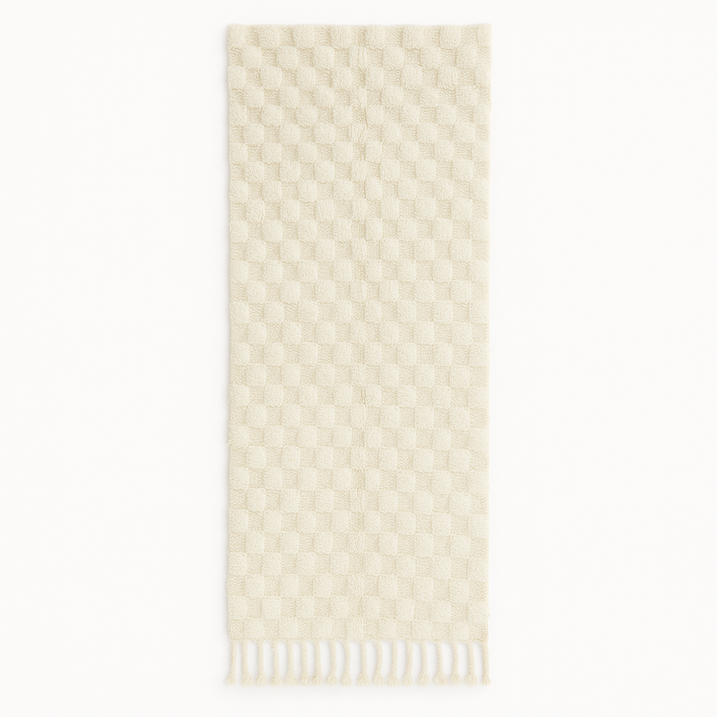 Handmade white Moroccan wool runner rug with subtle checkerboard pattern and fringe edges