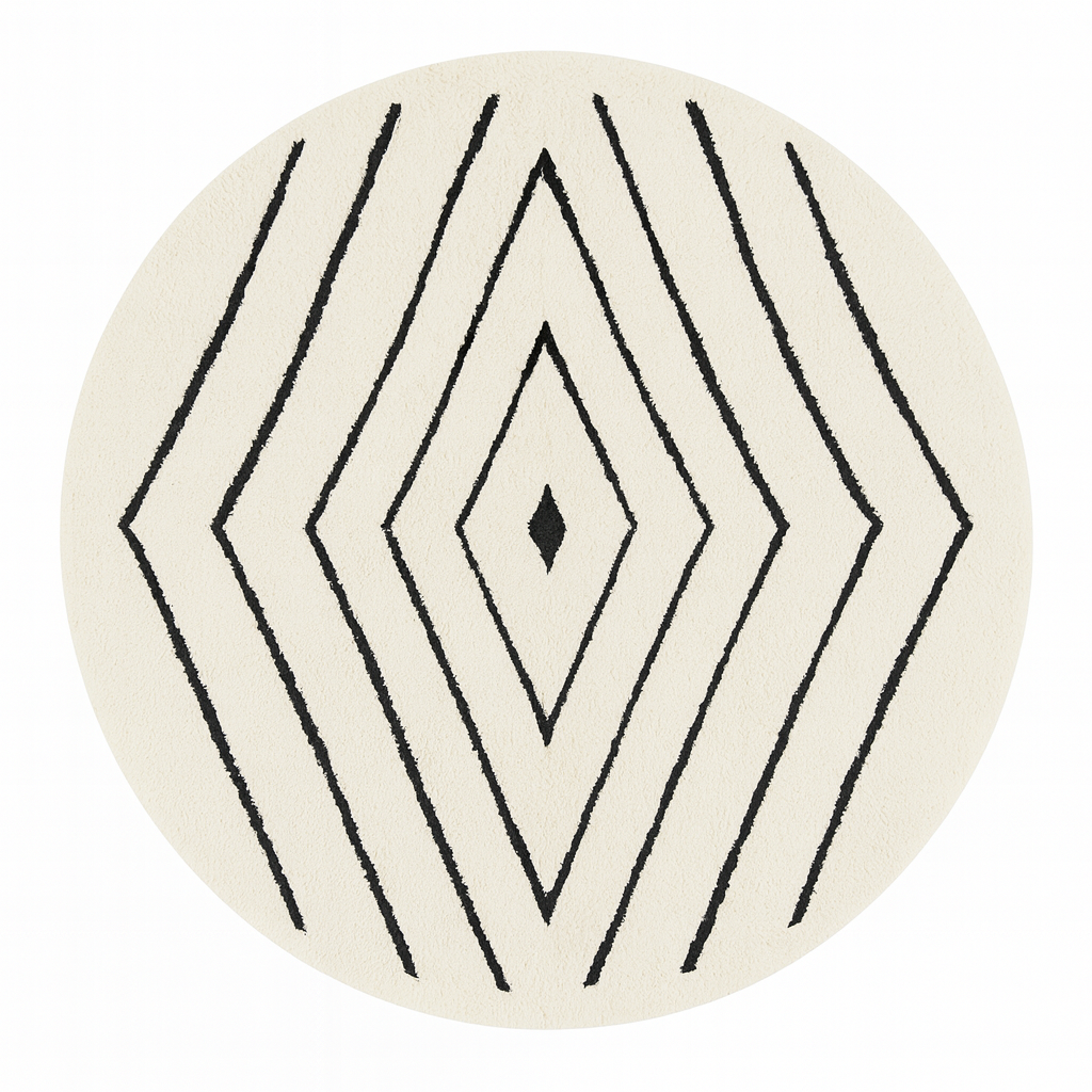 White Moroccan round rug with black diamond-line geometric pattern.