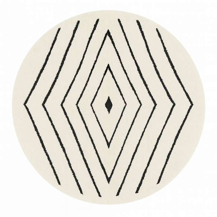 White Moroccan round rug with black diamond-line geometric pattern.
