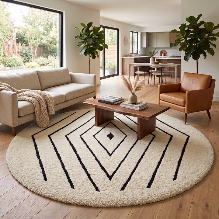 White Moroccan round rug with black diamond-line geometric pattern.