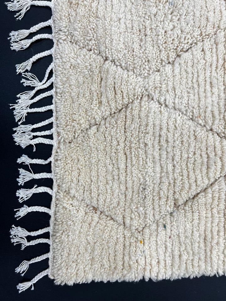 Handmade white Moroccan wool runner rug with subtle diamond Berber pattern