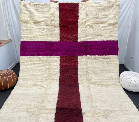 White Moroccan wool rug with burgundy and plum cross pattern, handmade in Morocco