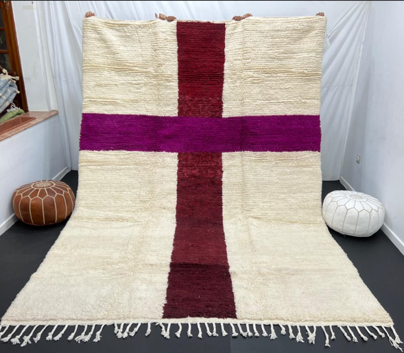 White Moroccan wool rug with burgundy and plum cross pattern, handmade in Morocco