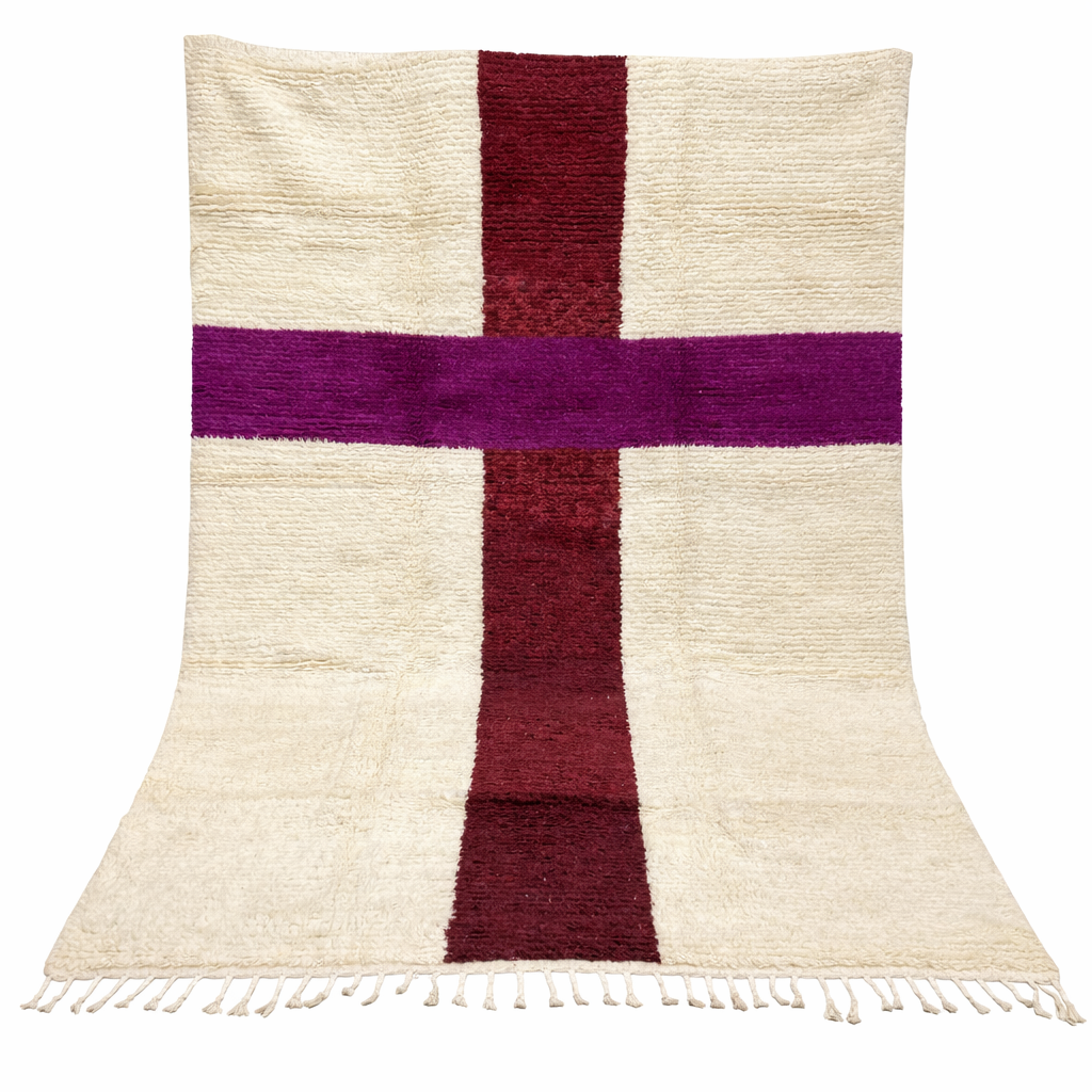 White Moroccan wool rug with burgundy and plum cross pattern, handmade in Morocco