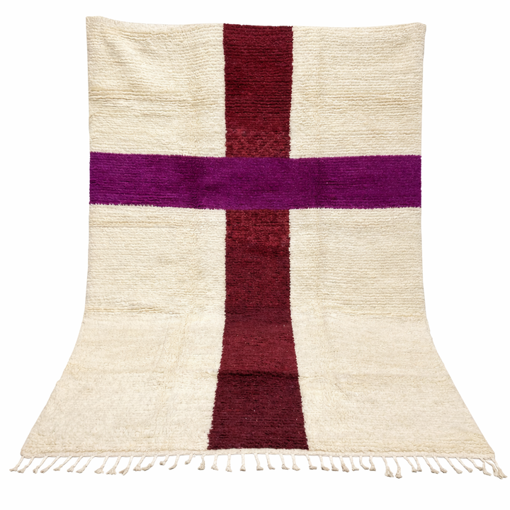 White Moroccan wool rug with burgundy and plum cross pattern, handmade in Morocco