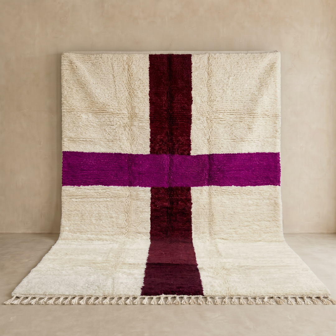 White Moroccan wool rug with burgundy and plum cross pattern, handmade in Morocco
