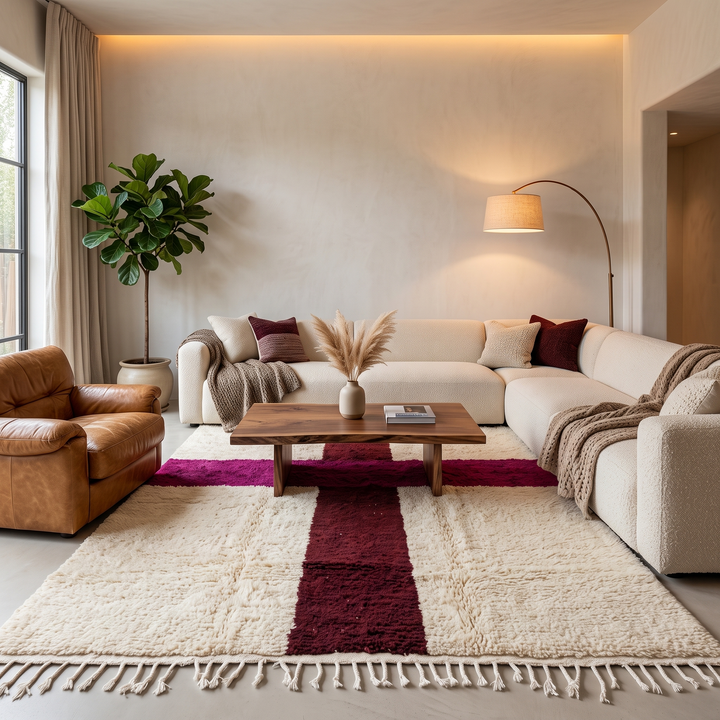 White Moroccan wool rug with burgundy and plum cross pattern, handmade in Morocco
