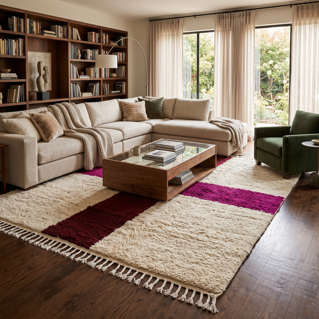White Moroccan wool rug with burgundy and plum cross pattern, handmade in Morocco
