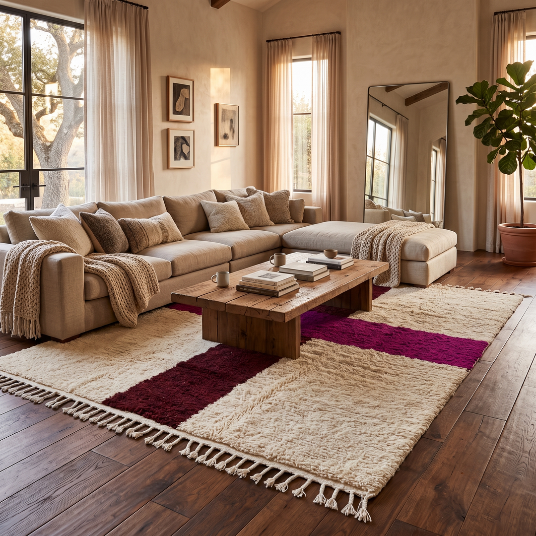 White Handwoven Moroccan Wool Rug - Abstract Minimalist Wool Rug