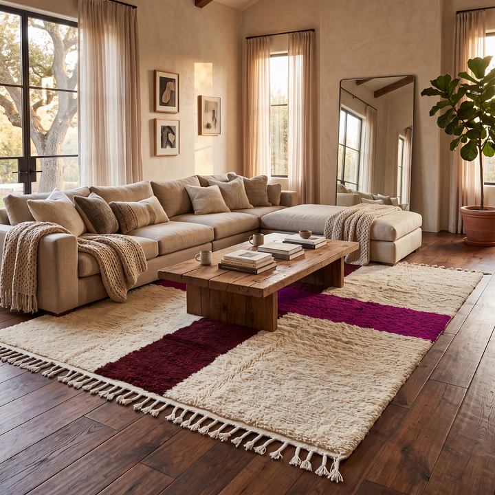 White Handwoven Moroccan Wool Rug - Abstract Minimalist Wool Rug