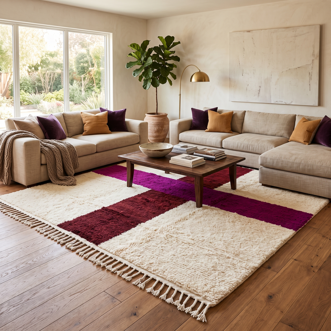 White Moroccan wool rug with burgundy and plum cross pattern, handmade in Morocco
