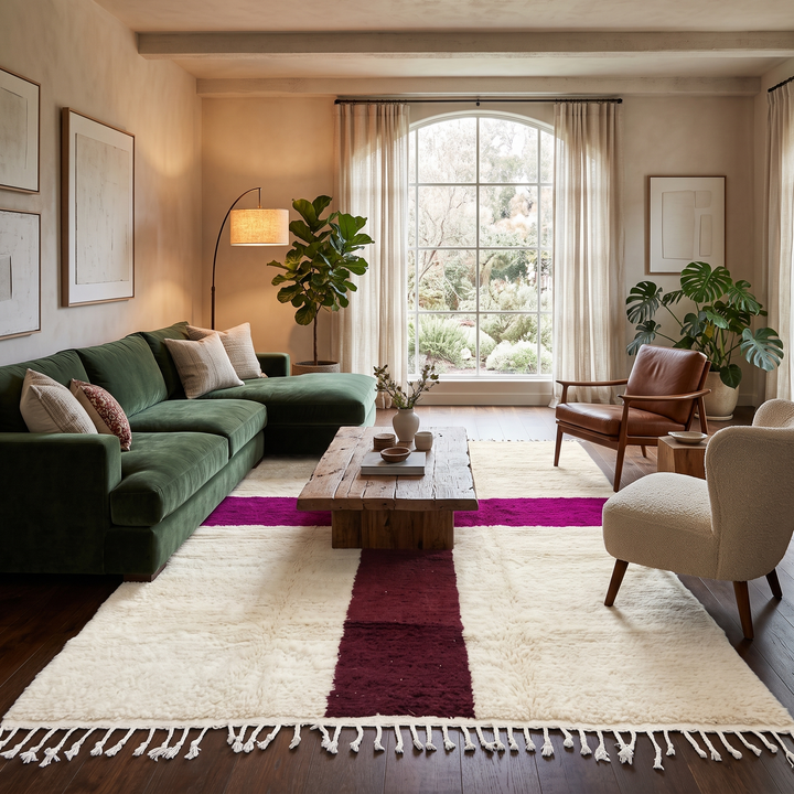 White Moroccan wool rug with burgundy and plum cross pattern, handmade in Morocco
