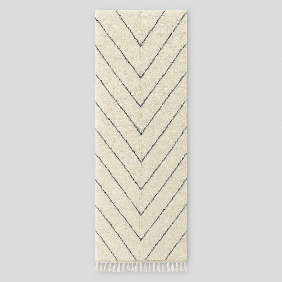 Handmade white Moroccan wool runner rug with charcoal chevron pattern