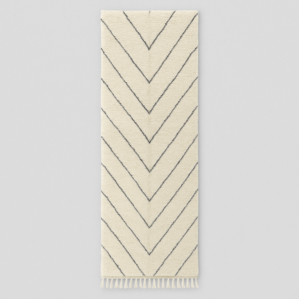 Handmade white Moroccan wool runner rug with charcoal chevron pattern