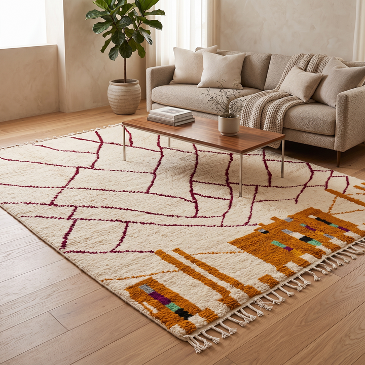 Modern Moroccan wool rug with abstract burgundy lines and golden geometric pattern on a white background
