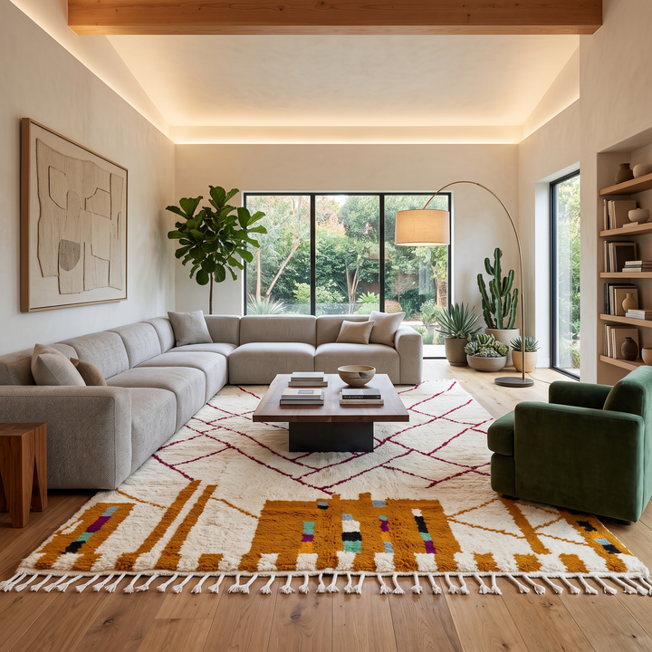 Modern Moroccan wool rug with abstract burgundy lines and golden geometric pattern on a white background
