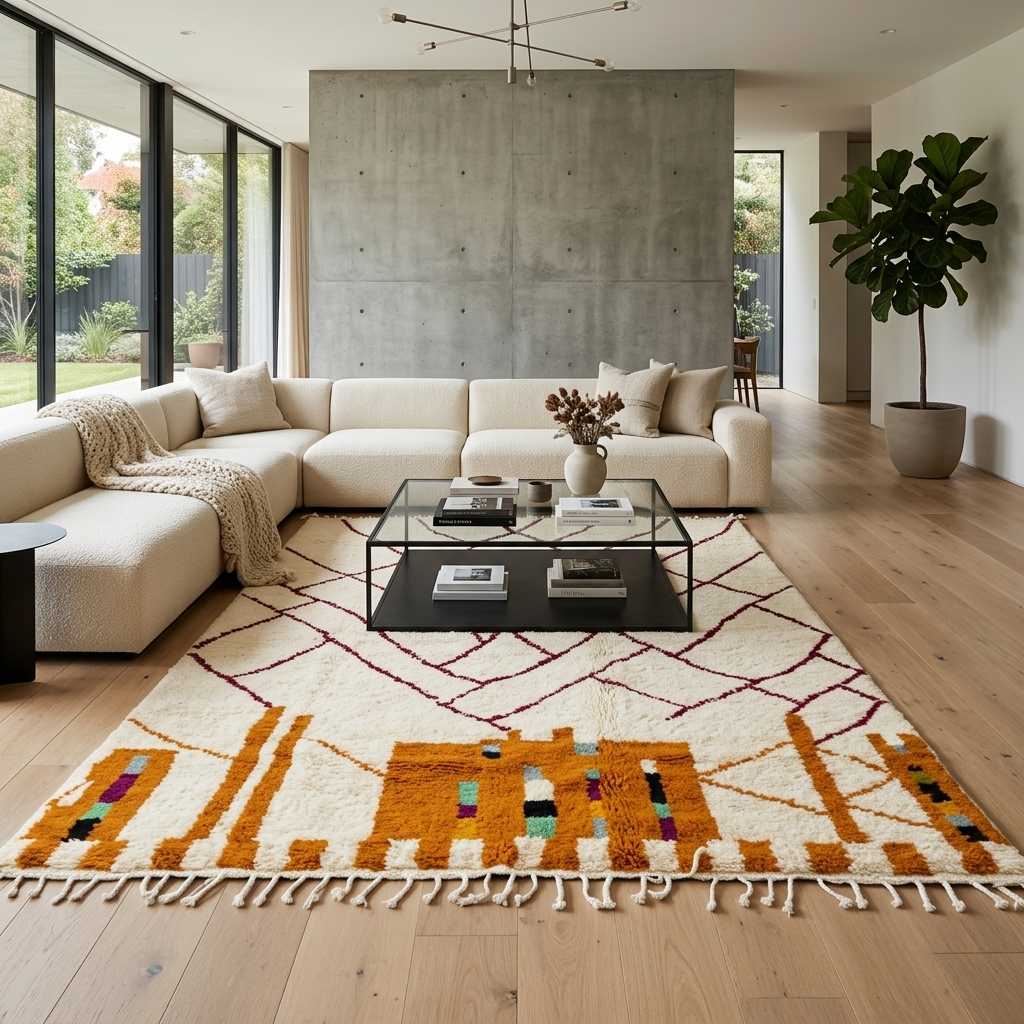 Modern Moroccan wool rug with abstract burgundy lines and golden geometric pattern on a white background
