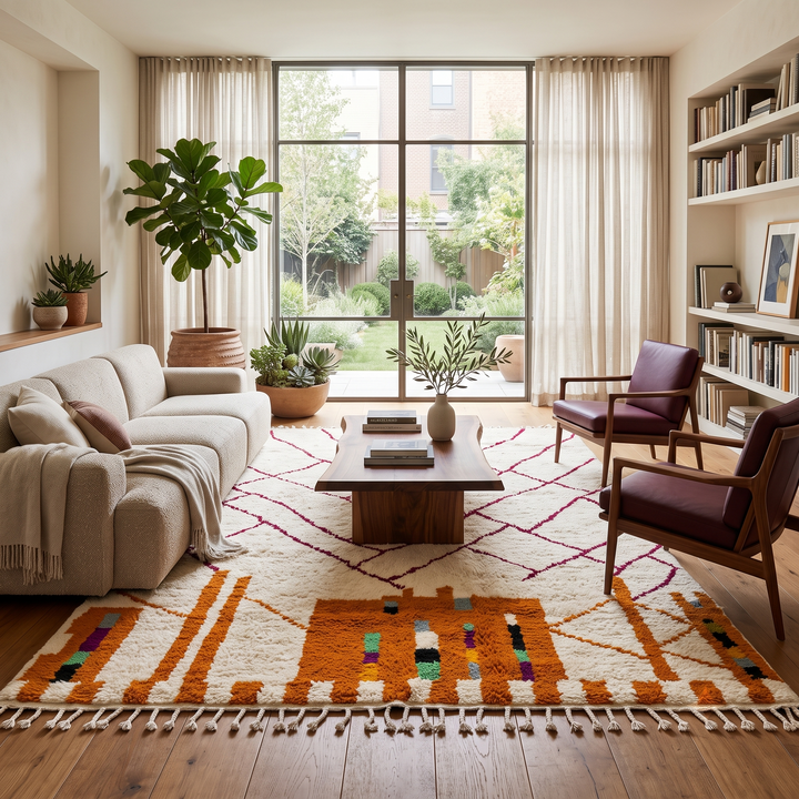 Modern Moroccan wool rug with abstract burgundy lines and golden geometric pattern on a white background

